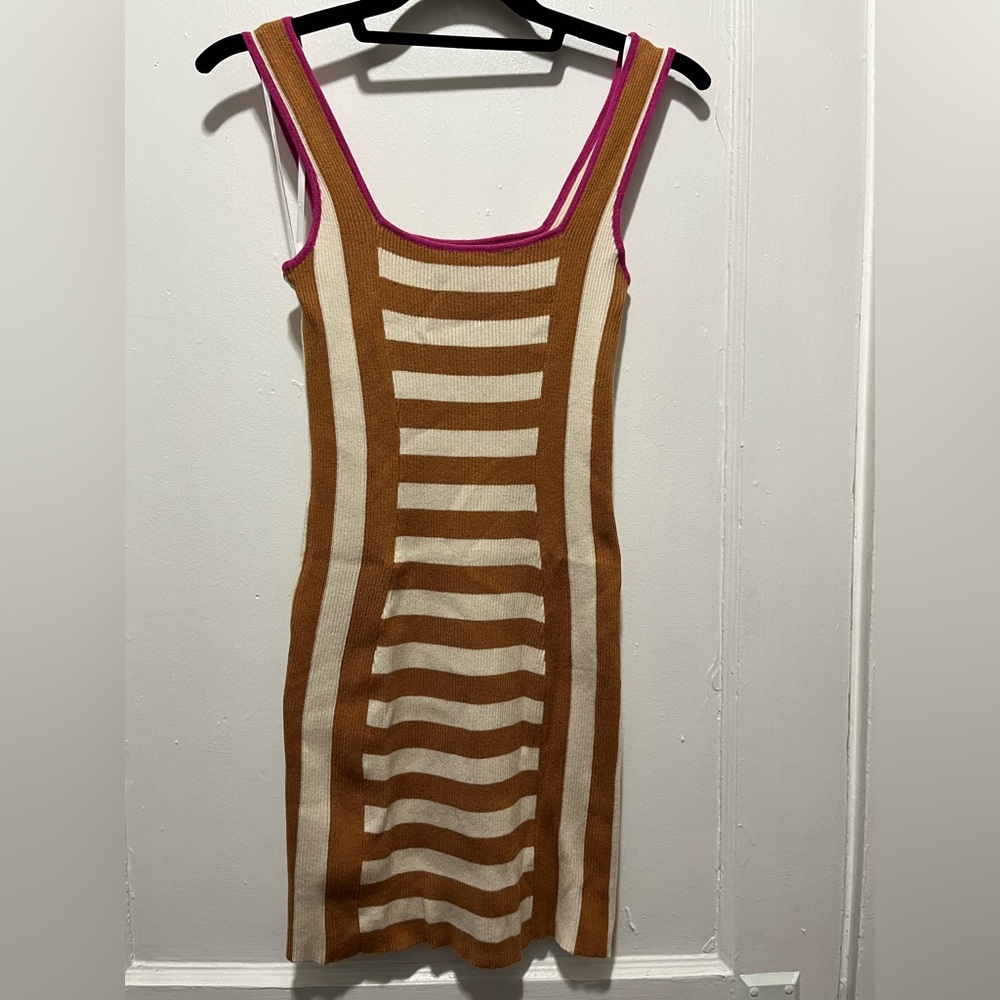 Lulus Moyna Burnt Orange Striped Ribbed Mini Sweater Dress - Size XS